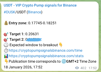Proof of DUSK pump signal on Binance at 19 January 2026, 04:21