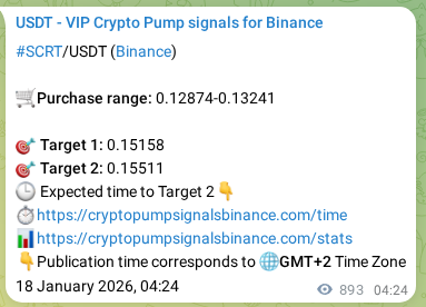 Binance pump signal proof for SCRT on 19 January 2026, 05:13