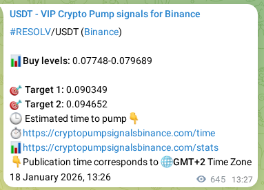 Crypto pump signal proof: RESOLV on Binance, 19 January 2026, 06:49