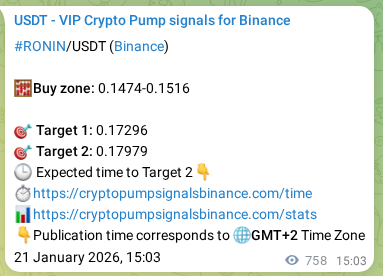 Real-time proof of RONIN pump signal on Binance, 22 January 2026, 12:05
