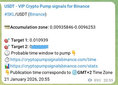 Crypto signal proof: SKL pump on Binance, 22 January 2026, 21:32