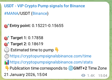Trading signal proof: MANA pump from Binance, 23 January 2026, 06:29