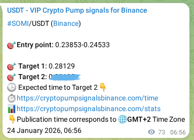 Crypto pump signal analytics for SOMI on Binance, 24 January 2026, 08:45