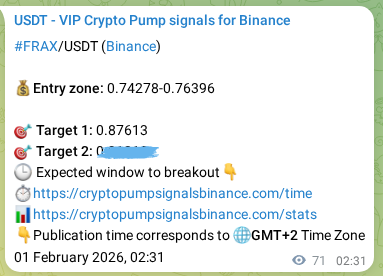 Trading signal proof: FRAX pump from Binance, 01 February 2026, 04:29