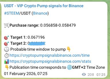 Crypto market signal confirmation: STEEM pump on Binance, 01 February 2026, 12:06