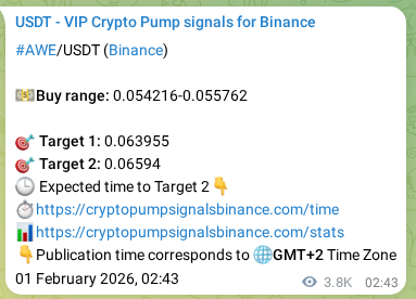 Proof of AWE pump signal on Binance at 05 February 2026, 12:21