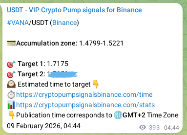 Market signal proof: VANA pump from Binance, 09 February 2026, 15:38