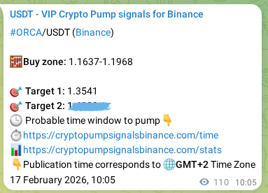 Crypto pump signal proof: Verify ORCA on Binance, 17 February 2026, 12:38 Crypto pump signal proof: ORCA on Binance, 17 February 2026, 12:38