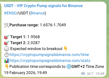 Check out the Binance pump signal proof for ENSO on 20 February 2026, 05:51 Binance pump signal proof for ENSO on 20 February 2026, 05:51