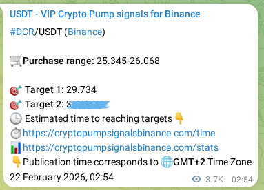 Crypto trading signal proof: DCR pump on Binance, 26 February 2026, 08:34
