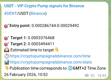 Crypto signal proof: DENT pump on Binance, 26 February 2026, 12:18