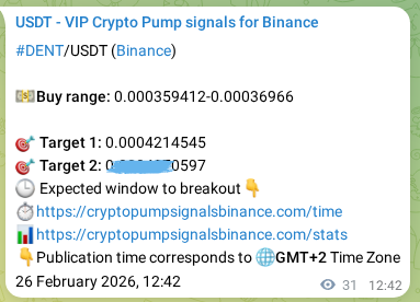 Market signal proof: DENT pump from Binance, 26 February 2026, 13:12