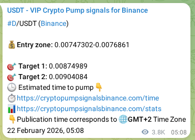 Crypto trading signal verification: D pump on Binance, 26 February 2026, 13:32