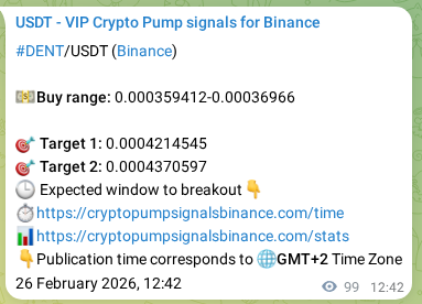 Binance pump signal verification for DENT at 26 February 2026, 15:05