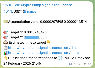 Live proof of WIN pump signal on Binance, 26 February 2026, 16:22