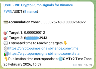 WIN pump verification image from Binance, 26 February 2026, 17:31