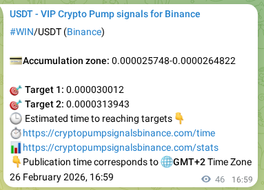 Authenticated proof of WIN's pump signal on Binance, 26 February 2026, 17:43