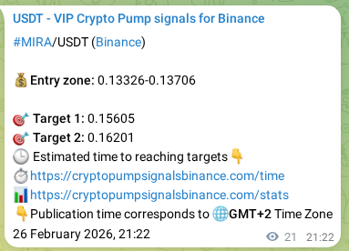 Trading signal verification: MIRA pump from Binance, 26 February 2026, 21:22