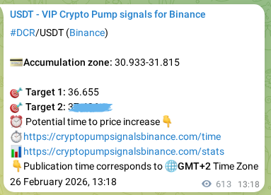 Binance pump signal proof for DCR on 27 February 2026, 06:09