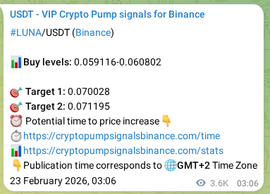 Crypto pump signal proof: LUNA on Binance, 27 February 2026, 07:05