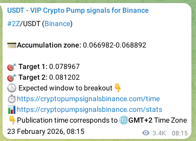 Trading signal proof: 2Z pump from Binance, 27 February 2026, 07:33