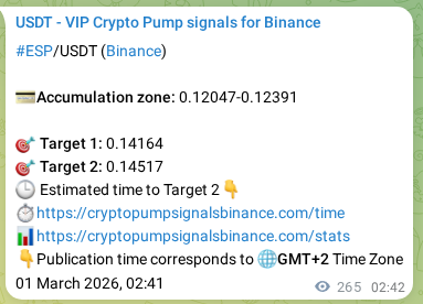 Crypto pump signal proof: Verify ESP on Binance, 01 March 2026, 10:03 Crypto pump signal proof: ESP on Binance, 01 March 2026, 10:03