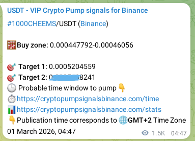 Discover the authenticated 1000CHEEMS pump signal on Binance, 02 March 2026, 22:01 Authenticated 1000CHEEMS pump signal on Binance, 02 March 2026, 22:01
