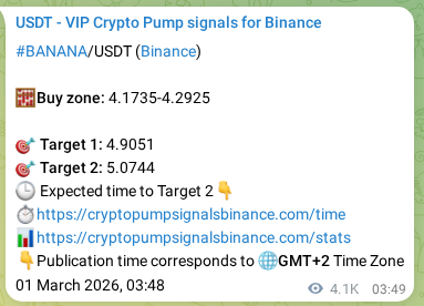 Crypto signal proof: BANANA pump on Binance, 07 March 2026, 19:02