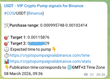Trading signal proof: COS pump from Binance, 08 March 2026, 09:36