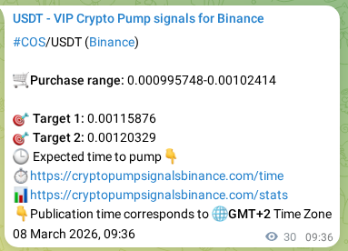 Binance pump signal data for COS at 08 March 2026, 09:47