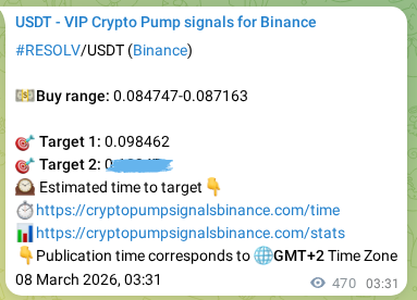 Crypto signal proof: RESOLV pump on Binance, 08 March 2026, 16:34
