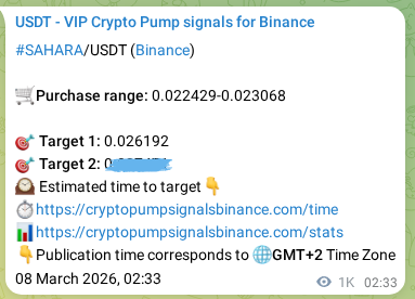 Binance trading signal proof for SAHARA pump, 09 March 2026, 06:43