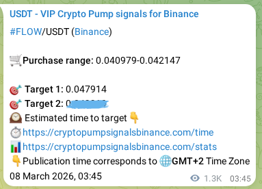 Crypto trading signal proof: FLOW pump on Binance, 09 March 2026, 14:43