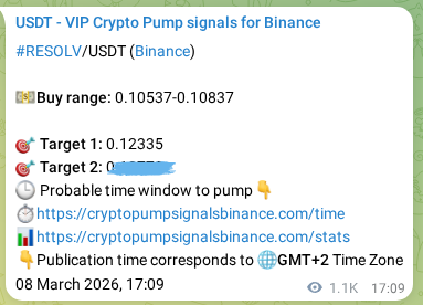Crypto signal proof: RESOLV pump on Binance, 09 March 2026, 23:18