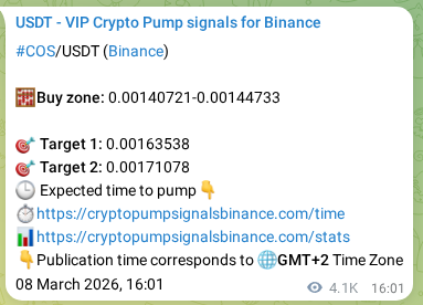 Crypto market signal proof: COS pump on Binance, 14 March 2026, 12:50