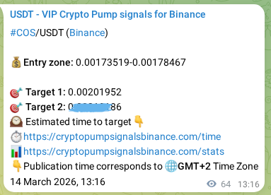 Binance pump signal data for COS at 14 March 2026, 14:41