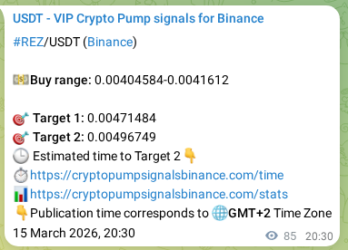 View the market signal proof for REZ pump from Binance, 15 March 2026, 22:01 Market signal proof: REZ pump from Binance, 15 March 2026, 22:01
