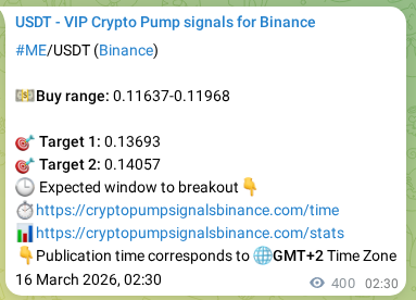 Crypto signal proof: ME pump on Binance, 16 March 2026, 13:28