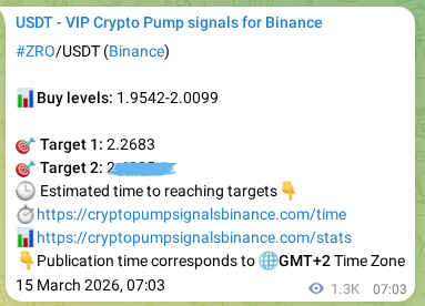Authenticated proof of ZRO's pump signal on Binance, 16 March 2026, 19:22
