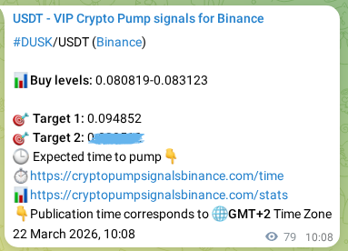 Binance trading signal proof for DUSK pump, 22 March 2026, 11:16