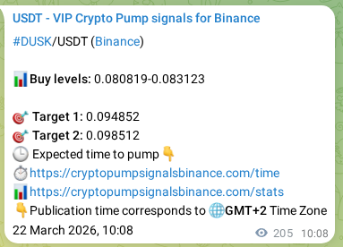 Binance pump signal data for DUSK at 22 March 2026, 14:46