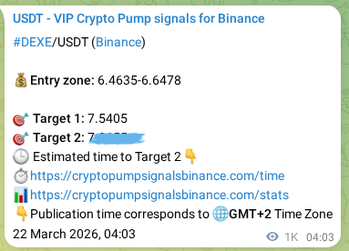 Binance trading signal proof for DEXE pump, 23 March 2026, 08:15