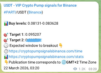 Real-time proof of PARTI pump signal on Binance, 23 March 2026, 13:38