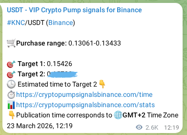 Binance trading signal proof for KNC pump, 26 March 2026, 12:26