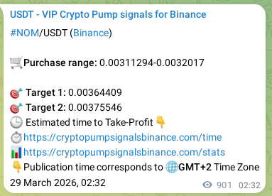 Authenticated proof of NOM's pump signal on Binance at 30 March 2026, 03:34