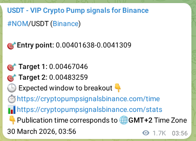 Trading signal proof: NOM pump from Binance, 01 April 2026, 03:03 Trading signal proof: NOM pump from Binance, 01 April 2026, 03:03