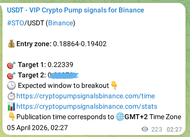 Proof of STO pump signal on Binance at 05 April 2026, 08:39