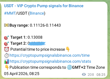 Binance pump signal data for MMT at 05 April 2026, 14:11
