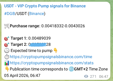 Crypto trading signal proof: DGB pump on Binance, 05 April 2026, 14:19