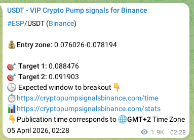 Trading signal proof: ESP pump from Binance, 07 April 2026, 07:09 Trading signal proof: ESP pump from Binance, 07 April 2026, 07:09